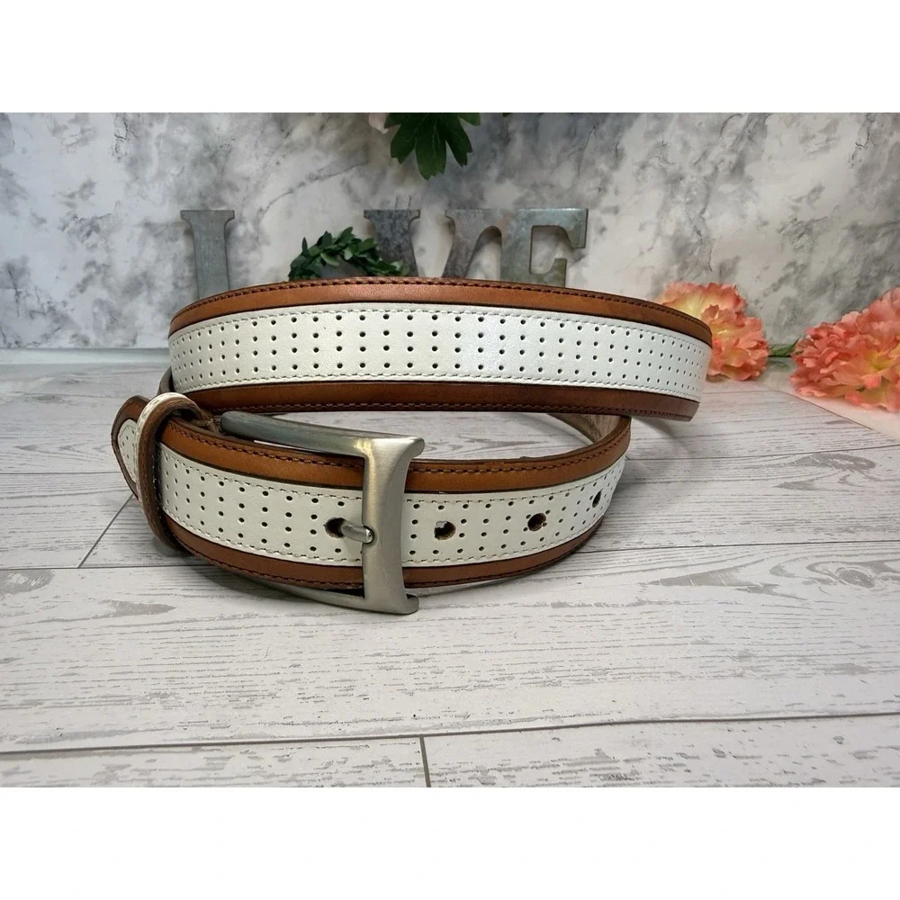 Vintage Brown and Ivory Perforated Leather Belt Men 45